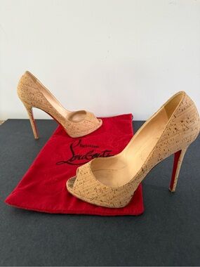 Christian Louboutin Cork Peep-Toe Stilettos with Red Sole